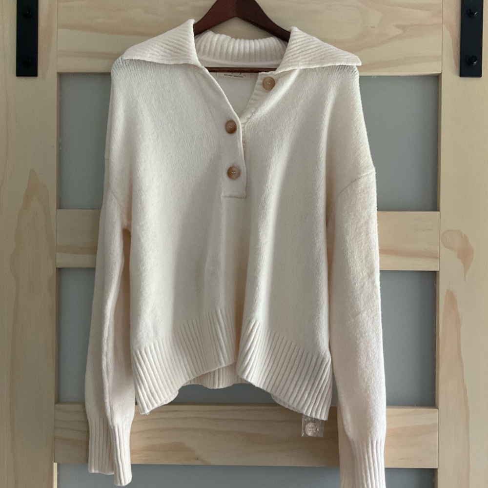 Free People Trading Up Polo Sweater NWT Ivory Oversized Collared Knit Size L - Picture 2 of 4